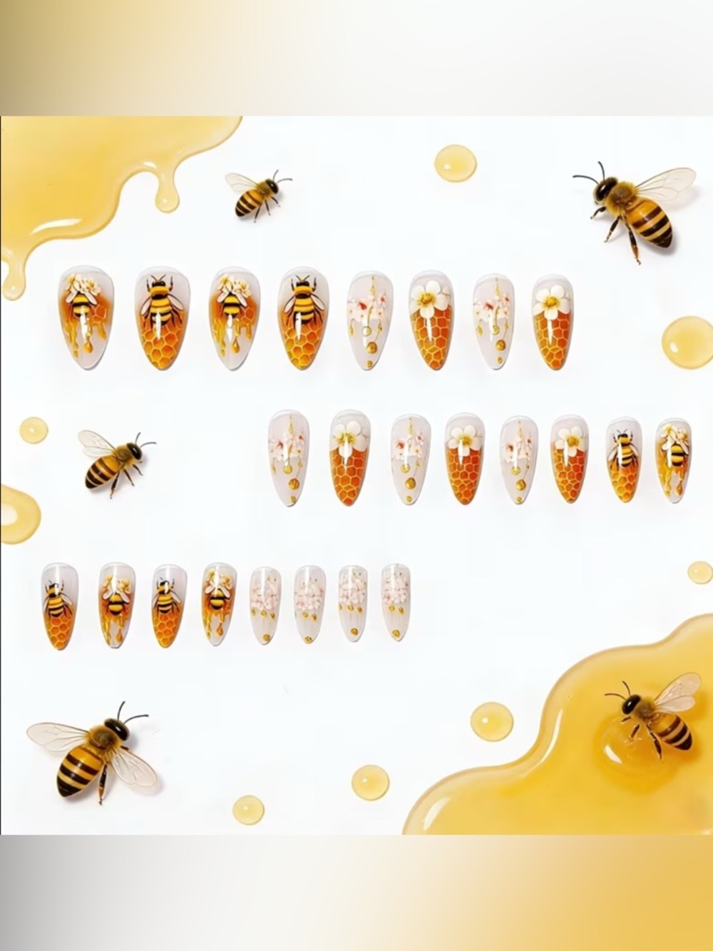 Bee Honeycomb Press-On Nails - Yellow & White Floral Set - Picture 3 of 4